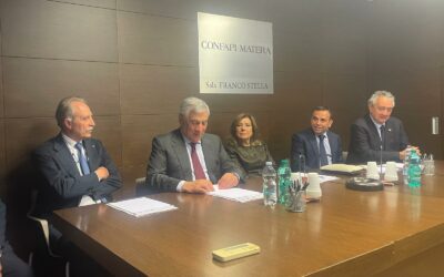 Il Ministro degli Esteri Tajani, il Ministro per le Riforme Istituzionali Casellati, l’On. Barelli e il Presidente Bardi in visita presso la sede di Confapi Matera