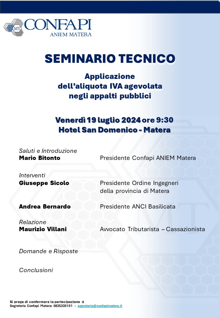 Seminario tecnico: “Applicazione dell’aliquota IVA agevolata negli appalti pubblici” – 19 luglio 2024 ore 9.30